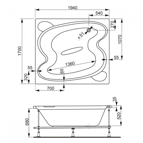 Акриловая ванна Vagnerplast Helios (194x170) VPBA197HEL2X-04